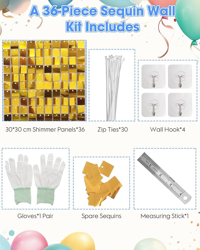 Gold Shimmer Wall Backdrop 36 Panels Cover 6 x 6 Ft, Photo Backdrops for Wedding,Anniversary,Birthday,Party Decoration