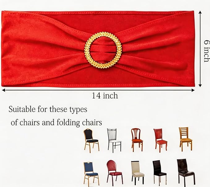 Pack of 100 Spandex Red Chair Sashes with Gold Buckles, Stretch Chairs Sashes for Wedding Party Baby Shower Ceremony Event Decorations Chair Bands Bows (Red Sashes, Gold Buckles)