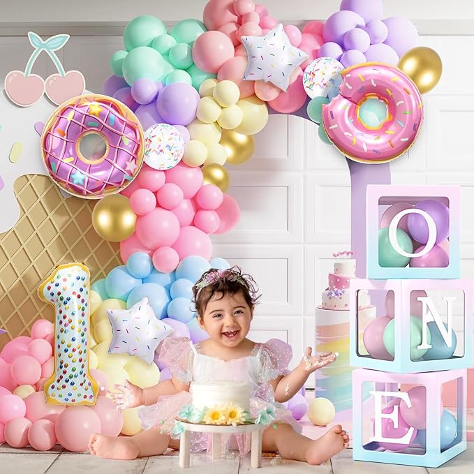 SNLN Sweet One Birthday Party Decorations, First Birthday Decorations for Girl, Balloon Box Photo Banner Donut Foil Balloon Arch Backdrop Highchair Banner Crown, One Year Old 1st Party Supplies