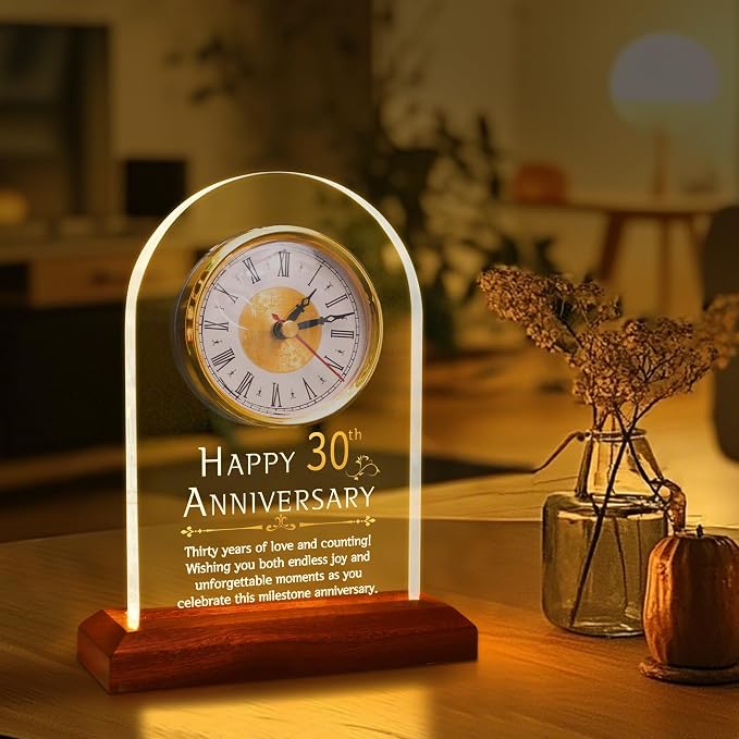 OkiyiD 30th Anniversary Wedding Gifts for Couples, 30 Years of Marriage, Light Up Anniversary Quartz Clock with LED Wooden Base for Home Decor,30th Wedding for Husband Wife, Parents