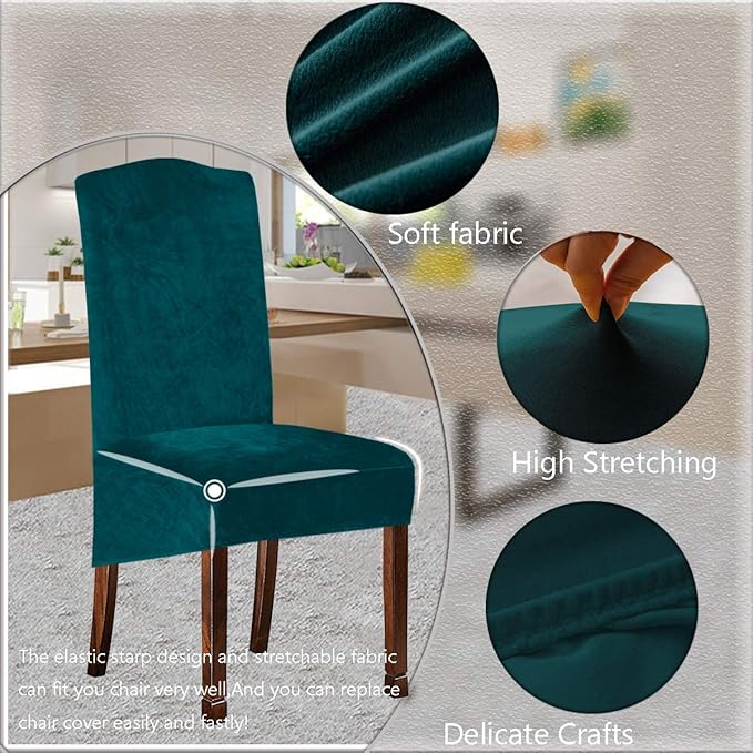 Velvet Plush XL Dining Chair Covers, Stretch Chaircover, Spandex High Chairs Protector Covers Seat Slipcover with Elastic Band for Dining Room,Wedding, Ceremony, Banquet (Teal, Set of 2)