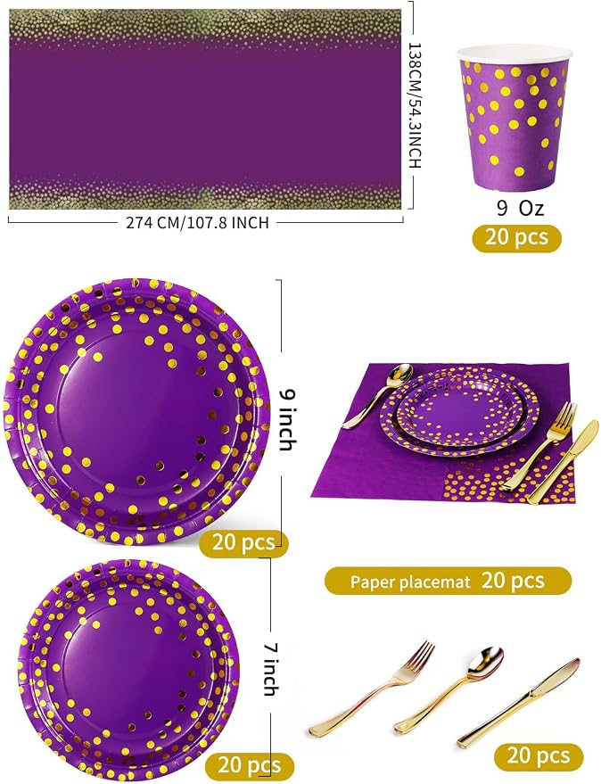 Nkaiso 141 Pieces Purple Gold Party Supplies, Disposable Party Decorations Sets Include Paper Plates Napkins Cups, Plastic Forks Knives Spoons, for Baby Shower Birthday Wedding -20 Guests