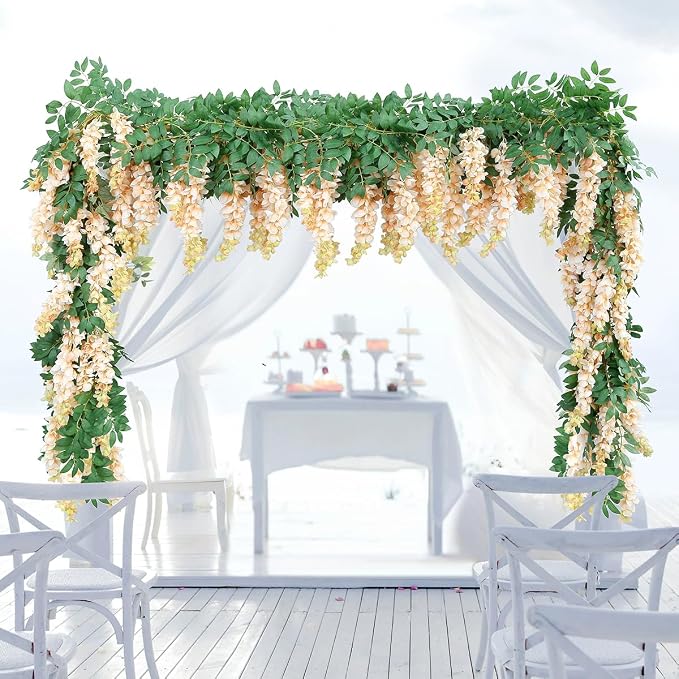 1pc/2pcs Encrypted Flower Vine Wisteria Artificial Flowers Garland,White Wisteria Hanging Flower Garland Decorations for Home Garden Outdoor Ceremony Wedding Arch Decoration (Champagne Color, 1pc)