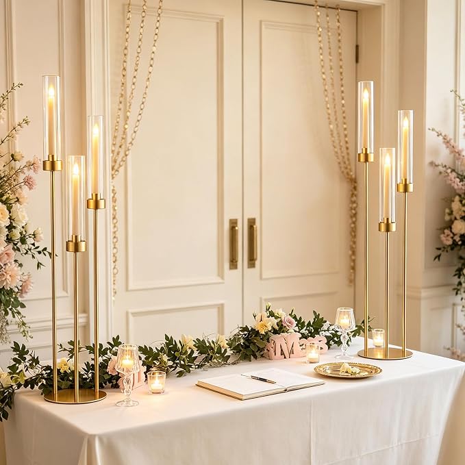 2pcs Gold Candelabra for Table Centerpieces, 33.8'' Tall 3 Arm Candle Holder with Acrylic Lampshade for Wedding Tables, Party, Events, Christmas & Halloween Home Decor, Fit LED Taper Candles