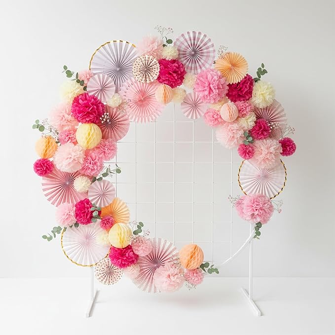 PapaKit Deluxe Origami Large Wall Decoration Set (Assorted Paper Fans & Pom-poms) Birthday Party Baby Shower Wedding Event Decor | Creative Art Design (Sparking Pink Rose Blush, Deluxe 26 Piece Set)