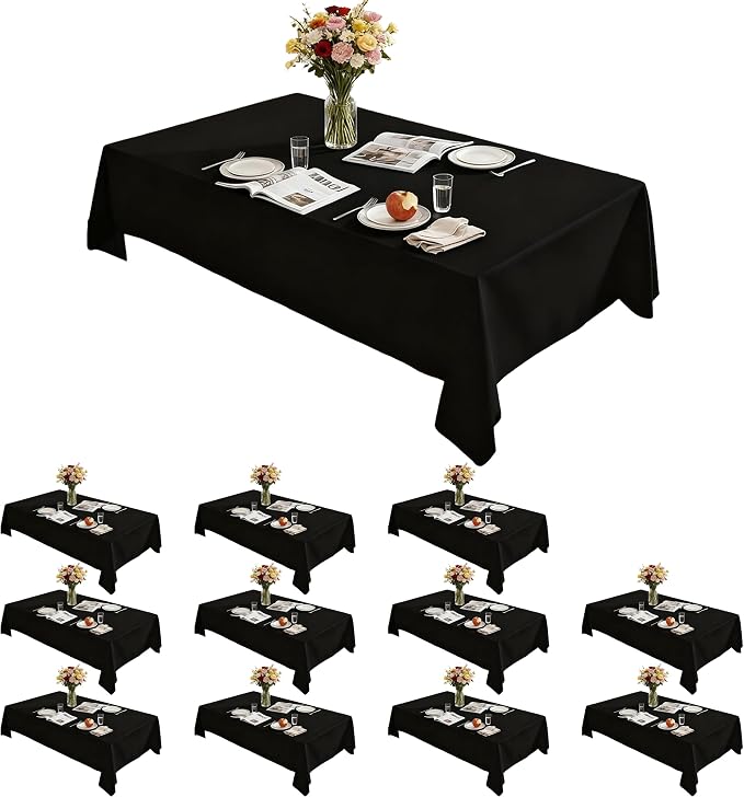 Rectangle Tablecloth 60" x 84", Black Washable Polyester Table Cloth, Wipeable Table Cover for Dining, Wedding, Birthday, Party, Banquet Decor, 12 Pack