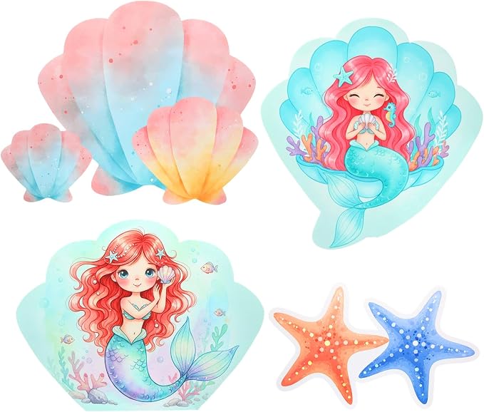 Honoson 4 Pcs Large 30" Small Mermaid Princess Birthday Cardboard Cutouts Standup, Ocean Shell Starfish Photo Backdrop Props for Princess Theme Mermaid Party Decorations