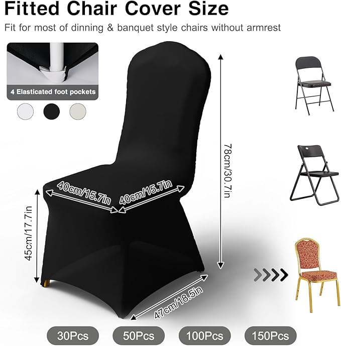50 PCS Banquet Chair Covers for Wedding Universal Polyester Spandex Chair Cover Stretch Slipcovers for Party Dining Flat-Front Chair (Black)