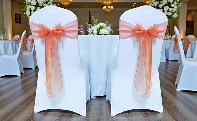 MDS® Pack of 10 Organza Chair Sashes for Wedding Decoration, Reusable Sheer Chair Bows for Banquet Chair Cover, Reception, Bridal Shower, Baby Shower, Birthday Party & Special Events - Brunt Orange