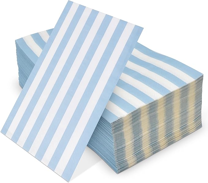 100 Light Blue Striped Guest Napkins 3 Ply Disposable Paper Hand Towels Classic Stripe Pattern Bathroom Guest Towels Table Setting Decor Set
