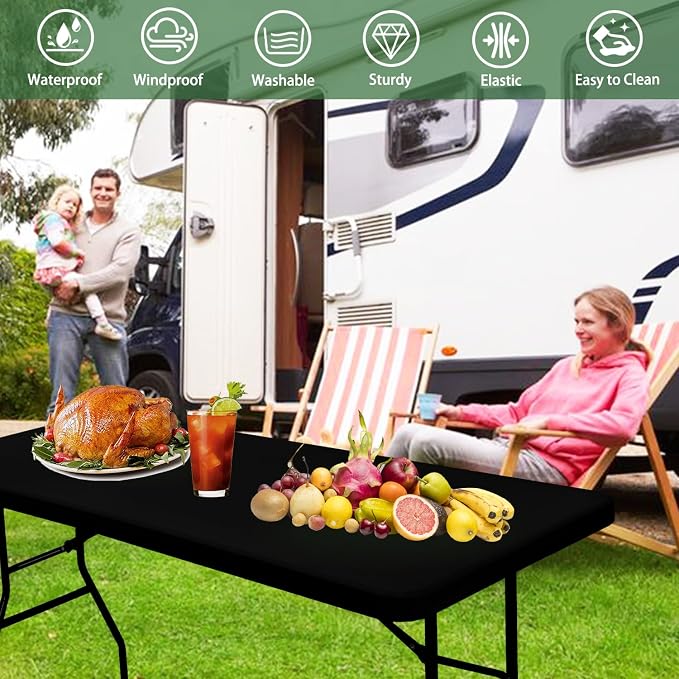 4 Pack Picnic Table Cover Fitted Tablecloth for 8 Foot Rectangle Tables Elastic Waterproof Stretch Washable Patio Folding Outdoor Spandex Table Cloth for Camping Banquet and Parties (Black,30" x 96")