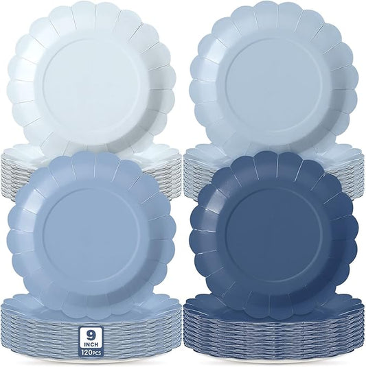 120 Pcs Dusty Blue Paper Plates 9 Inch Blue Scalloped Disposable Round Dessert Paper Plates Party Decoration for Margs and Matrimony Bachelorette Party Women Birthday Baby Shower Wedding