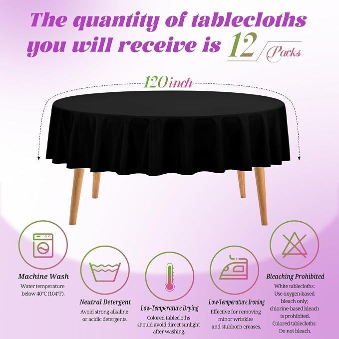 Teruntrue 12 Packs Black Round Tablecloths 120 inch Round Table Cloth, Washable Polyester Fabric for Wedding Parties Banquet Holiday Dinner Table Decorative, Black