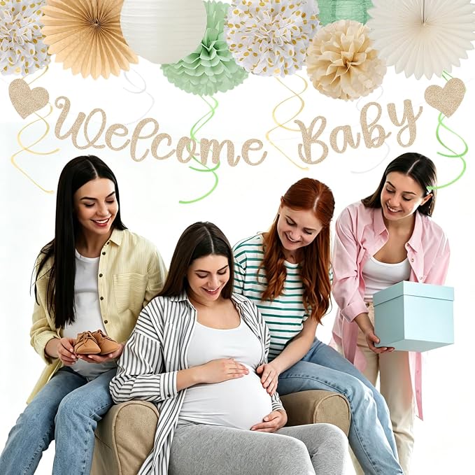 Sage Green White Welcome Baby Shower Party-Decorations - 22pcs Girl Boy Woodland Champagne Gender Neutral Banner, Paper Lanterns Streamers,Tissue Paper Pom Poms Flowers Fans Garland Decor Sign Hugmoon