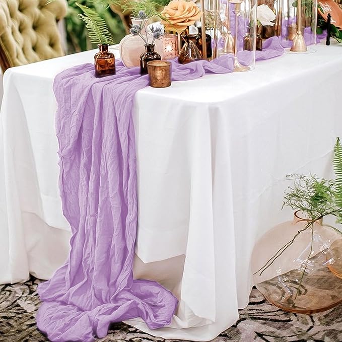 24 Pack Light Purple Table Runner, 10FT Cheesecloth Table Runner Long Romantic Semi Sheer Rustic Boho Gauze Table Runners for Wedding Bridal Shower Birthday Party Decorations(21.5×120 Inch)