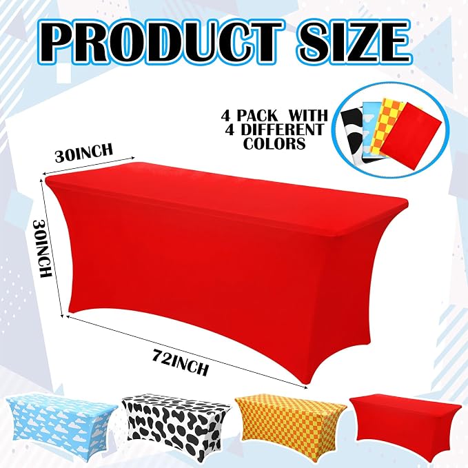 Frienda 4 Pcs Cartoon Story Tablecloth Birthday Party Supplies Spandex Stretch 71 x 30'' Cow Pattern Theme Sky Cloud Tablecloth Rectangle Cartoon Table Cover for Baby Shower Birthday Party Decoration