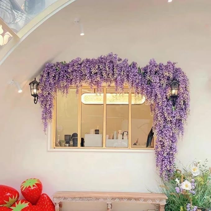 1pc/2pcs Encrypted Flower Vine Wisteria Artificial Flowers Garland,White Wisteria Hanging Flowers Flower Garland Decorations for Home Garden Outdoor Ceremony Wedding Arch Decoration (Purple, 2pcs)