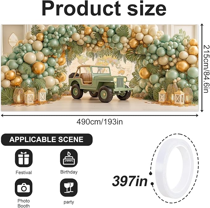 Happy Birthday Garage Door Banner Cover 7x16FT Waterproof –Jeep & World Map Backdrop with Green Gold Balloons,Indoor Outdoor Decor for Baby Shower,1st Birthday,Travel Themed Party & Photo Booth