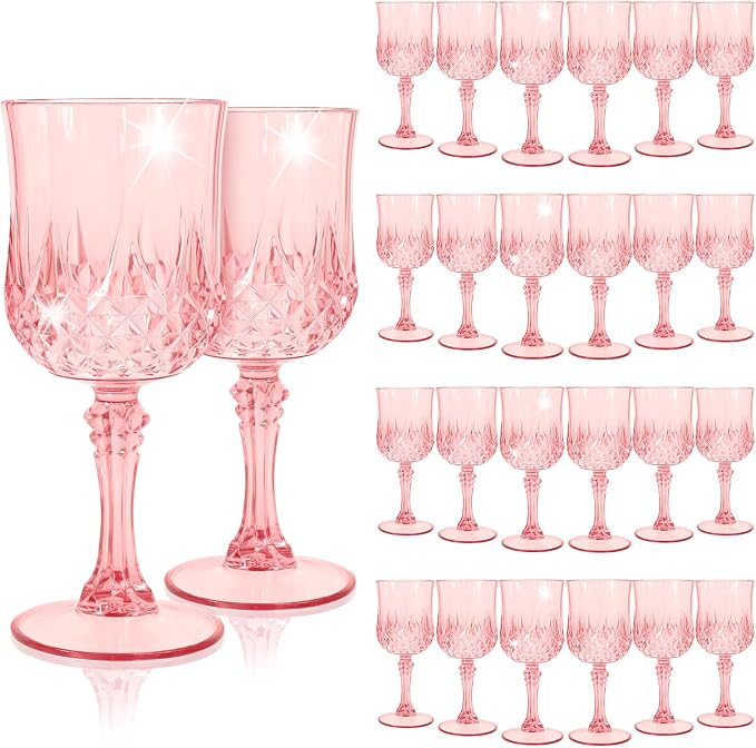 24Pack Pink Plastic Wine Glasses,Vintage Plastic Goblets for Parties, Light Pink Drinking Glasses Crystal Water Goblets Reusable for Wedding Reception, Grand Event Party Supplies