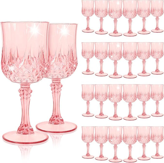 24Pack Pink Plastic Wine Glasses,Vintage Plastic Goblets for Parties, Light Pink Drinking Glasses Crystal Water Goblets Reusable for Wedding Reception, Grand Event Party Supplies