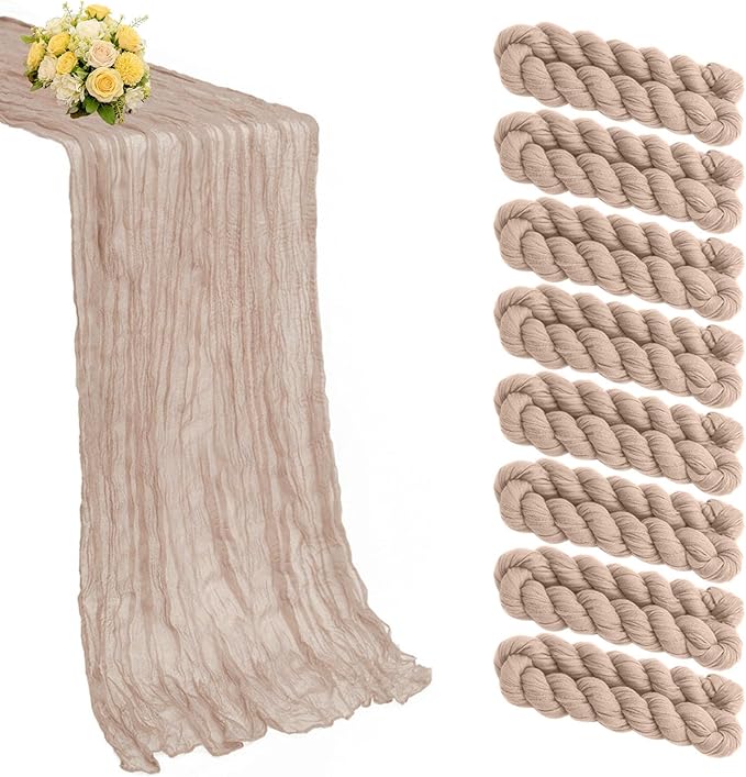 8 Pack Nude Cheesecloth Table Runner 21x120 Inch Gauze Tan Table Runners Reusable Polyester 10ft Boho Rustic Cheese Cloth Table Runner for Wedding Party Baby Shower