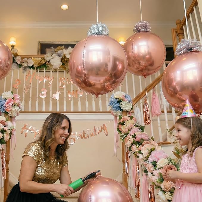 6 Pack Rose Gold 4D Orb Balloons - 22 Inch Large Metallic Sphere Mylar Balloons with Pull Bows, Hanging Ceiling Decorations for Bridal Shower, Bachelorette Party, Wedding & Engagement Decor