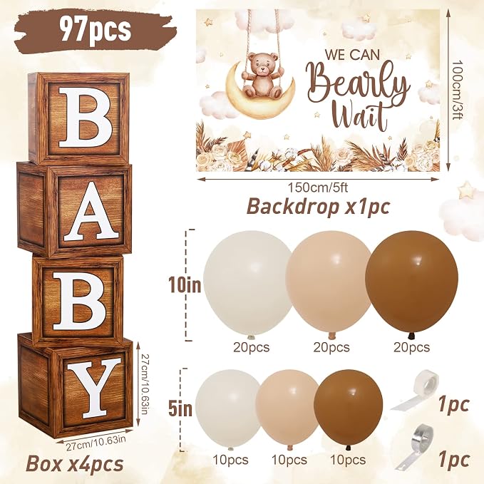 DataMoon Teddy Bear Baby Shower Party Decorations - Wood Grain Boxes with Baby Letters, 90PCS Nude and Brown Balloons, Boho Backdrop “We Can Bearly Wait” for BabyShower, Gender Reveal,Birthday Party