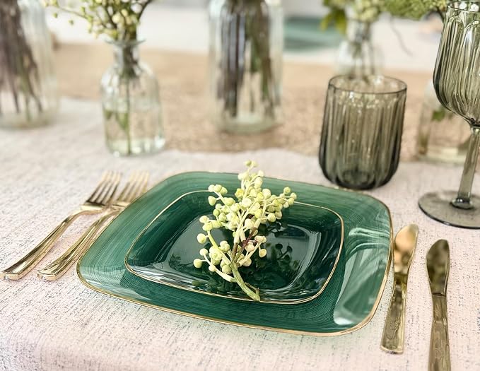 OCCASIONS 50 Green Disposable Dinner Plates (25 Guests) - Fancy Square Heavy Duty Plastic Dinnerware Set with Gold Rim for Wedding Party, 25x10" + 25x7" Salad/Dessert, BPA Free, Belize in Green & Gold