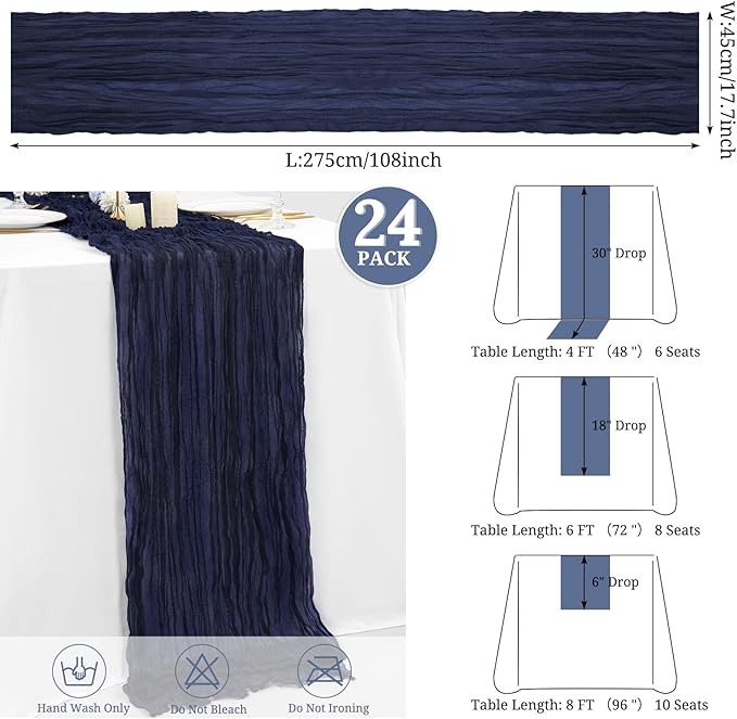 24 Pack Navy Blue Cheesecloth Table Runner,Gauze Boho Long Cheese Cloth Table Runner 17x108 inch Rustic Table Runners for Wedding Party Bridal Shower Banquet Table Decorations