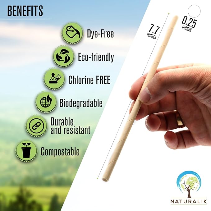Naturalik 1000-Pack Sturdy Biodegradable Paper Straws Heavy-Duty, Dye-Free, Eco-Friendly Sturdy Paper Straws Bulk Drinking Straws for Smoothies, Restaurants and Party Decorations 7.7" (Brown, 1000pc)