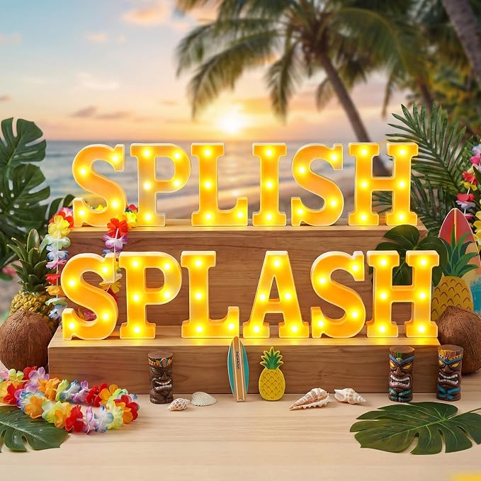Honoson 12 Pcs Summer Splish Splash Party Decorations Light Sign Summer Pool Theme Lights Table Decoration for Beach Swimming Water Luau Hawaiian Tropical Party Decor