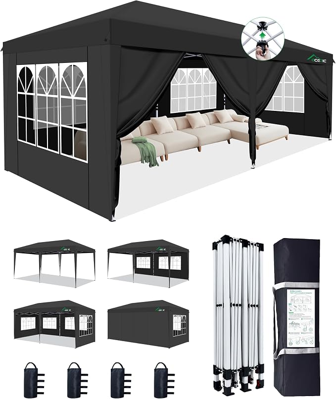 Acepic 10x20 Pop Up Canopy with 6 Removable Sidewalls, 2 Central Lock Easy Set-up Outdoor Party Tent, Commercial Tent, Hand Bag x1, Sandbags x4, Stakes x12, Ropes x6 (Black, 10 * 20)
