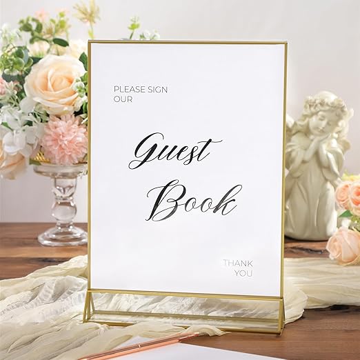 UNIQOOO Acrylic Sign Holders with Golden Border, Portrait View, Pack of 4 | 8.5x11 Inches Double Sided Clear Frame, Perfect for Wedding Reception, Centerpiece, Decoration, Party,Anniversary, Event