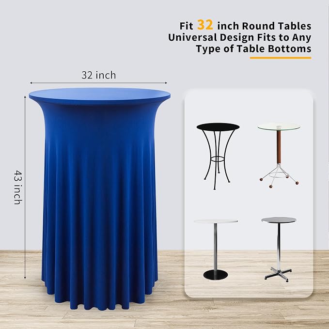 6 Pack Royal Blue Round High Top Highboy Cocktail Table Cloth 3243 Inch, Wrinkle Free Stretch Spandex Tablecloths Table Cover with Wavy for Party Bar Wedding Banquet Event