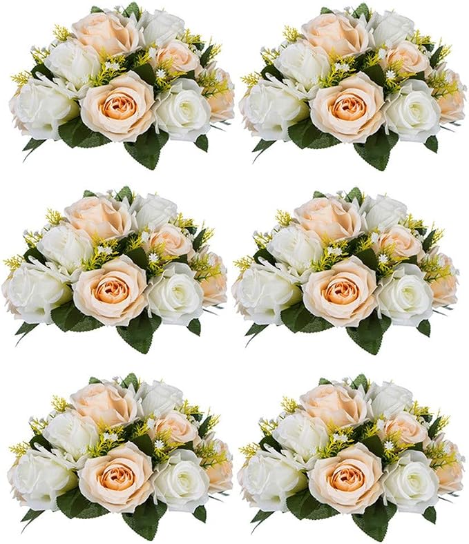 NUPTIO Flower Balls Wedding Table Centerpieces, Peachy Champagne & White | 6 Pcs 9.5 inch Artificial Rose Floral Bouquet Arrangement, for Bridal Shower, Birthday Party Decorations