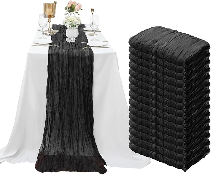 15 Pack Black Cheesecloth Table Runner 10Ft Gauze Cheese Cloth Table Runner 35 x120 Inch Romantic Boho Table Runners for Wedding Birthday Party Engagement Bridal Shower Holiday Summer Table Decoration