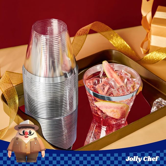 JOLLY CHEF 100 Pack Silver Plastic Cups, 9 oz Clear Plastic Tumblers, Elegant Silver Rimmed Cups, Disposable Glasses for Wedding, Thanksgiving Day, Christmas Party