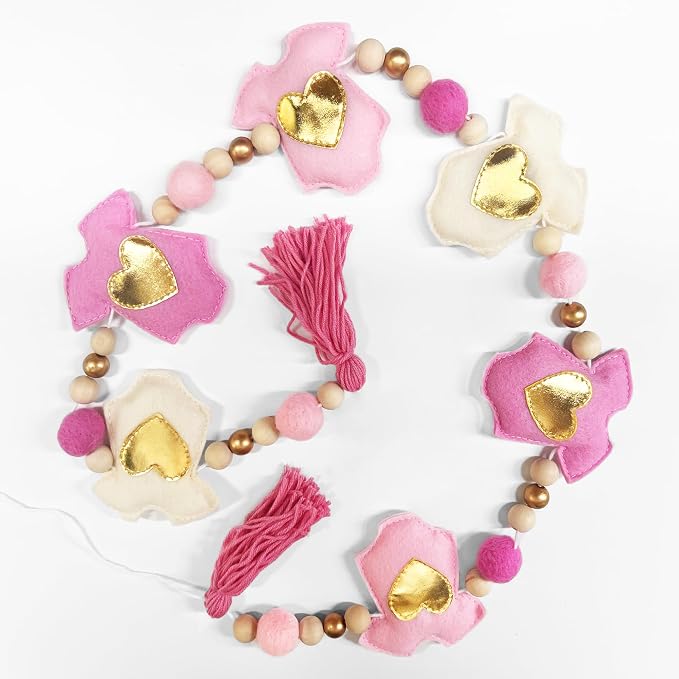 Gold and Pink Baby Clothes Decorations Handmade Pre-Strung Felt Baby Clothes Wooden Bead Wool Felt Ball Garland Banner for It's a Girl Sweet Girl Baby Shower Party Nursery Fireplace Home Wall Decor