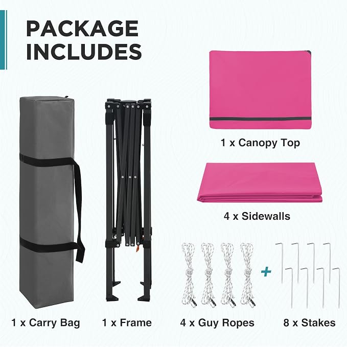 EAGLE PEAK 6x4 Instant Pop Up Canopy Tent with 4 Side Wall Panels, Straight Leg Sun Shelter, Portable Canopy with Carry Bag for Camping, Beach & Sports, Pink