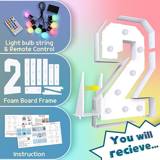 imprsv 3FT Colorful Marquee Numbers,18 Colors with Remote, Light Up Numbers 2 for 12th 21st Birthday Decorations Anniversary Party Decor, Pre-Cut Foam Board Ki, Mosaic Numbers for Balloon