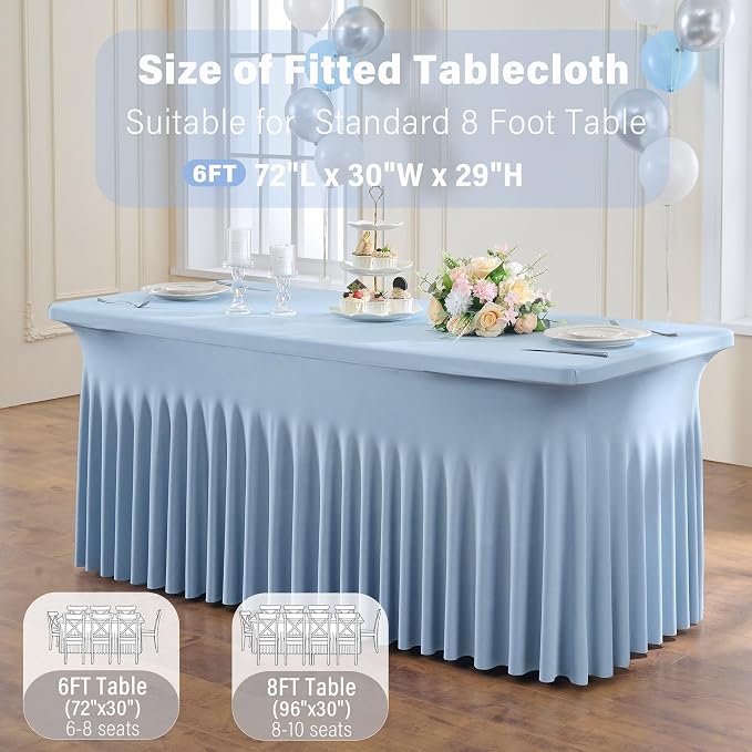 4 Pack Dusty Blue Spandex Tablecloths for 6 Foot Rectangle Tables, Wrinkle Free Stretchy Table Cloths 6ft Fitted Table Cover DeskSkirt for Weddings Birthday Party Banquet Baby Shower