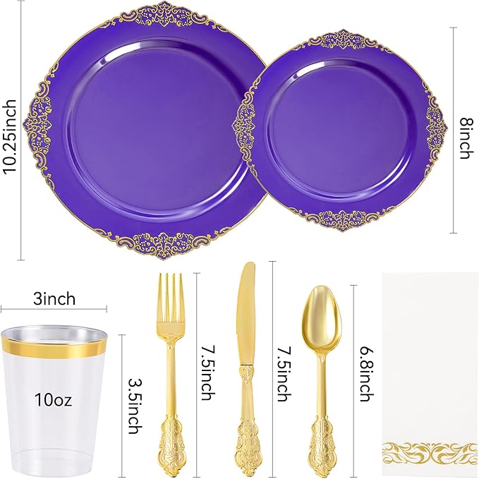 Fijinhom 350pcs Purple Plastic Plates, Elegant Disposable Dinnerware Set, 125 Pieces, White and Gold, Plates, Cups, Cutlery and Napkins (Purple, 50 Guests)