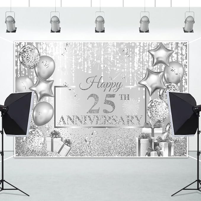 AOFOTO Happy 25th Anniversary Backdrop Glitter Grey Spots Ballons Printed Photography Background 25 Years Wedding Anniversary Party Home Wall Decor Supplies Banner Portrait Photo Studio Props 7x5ft