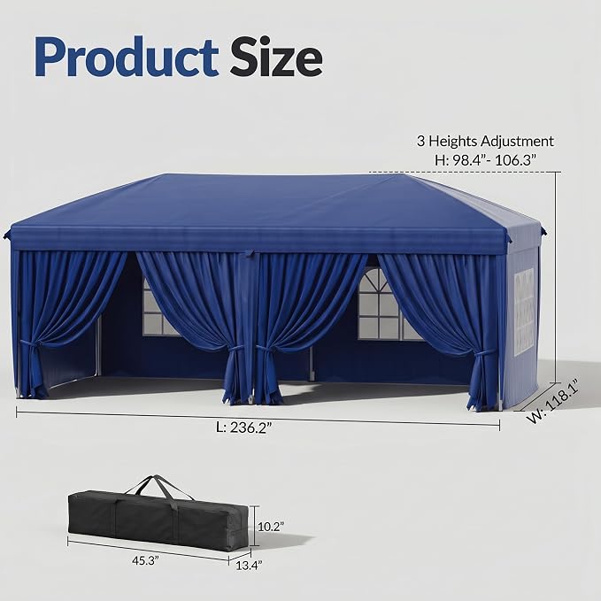 10x20 Pop Up Canopy with Sidewalls, Instant Tent with Carry Bag, Sandbags, Height Adjustable Waterproof Outdoor Canopy, Outdoor Canopy for Events, Camping, Parties (Blue)