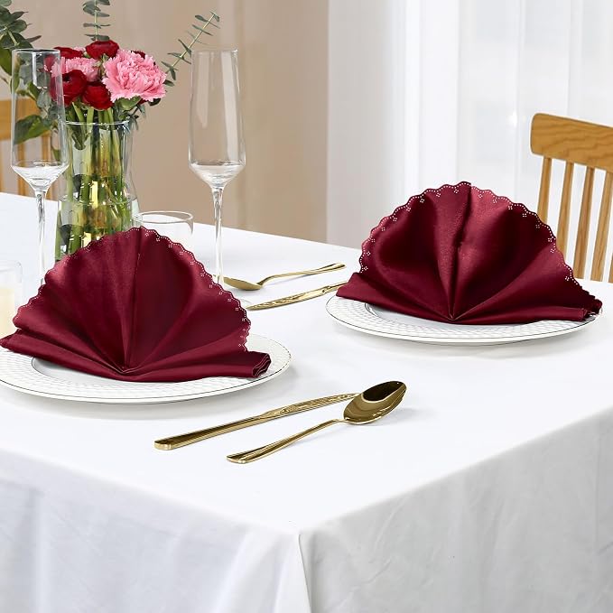 Homiest Burgundy Satin Napkins - 100 Pack, 17x17 Inches, Scalloped Square, Silky Elegant Wedding Napkins for Restaurant, Banquet, Graduation Party