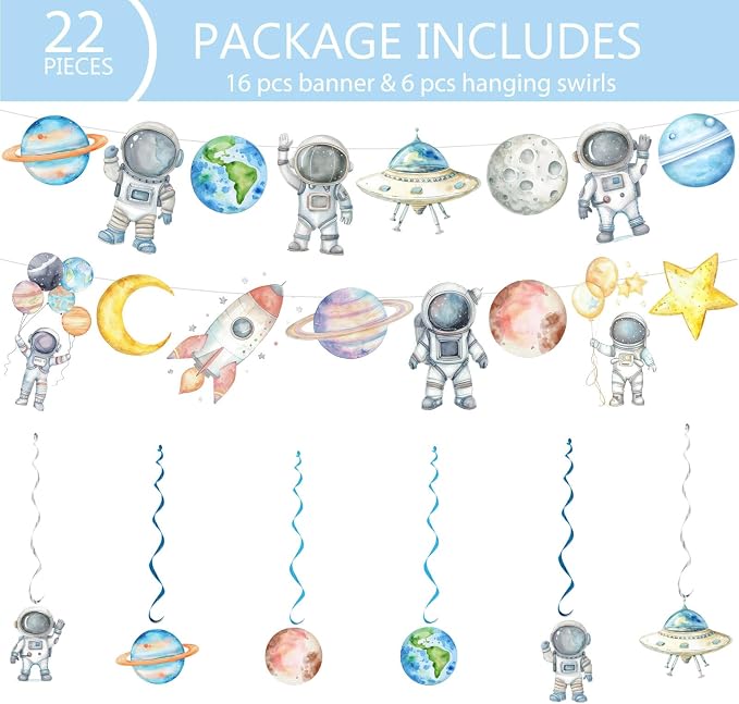 124pcs Space One Birthday Party Supplies Decorations - First Trip Around The Sun Plates Napkins Cups Forks Table Cloths Space Astronaut Banner Hanging Swirls for Boys 1st Birthday Decor(20 Guests)
