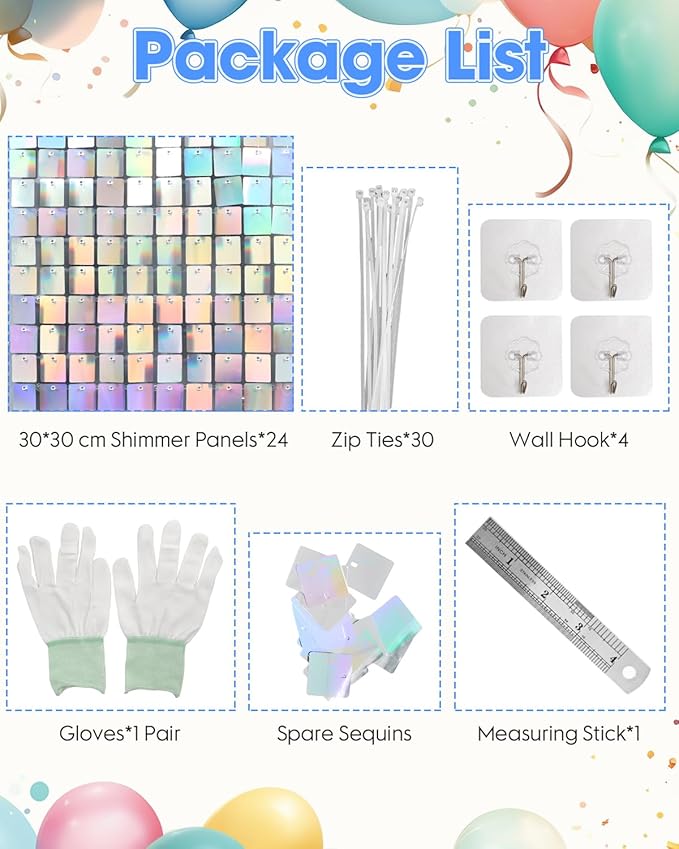 Iridescent Silver Shimmer Wall Backdrop 24 Panels Cover 6 x 4 Ft, Photo Backdrops for Wedding,Anniversary,Birthday,Party Decoration