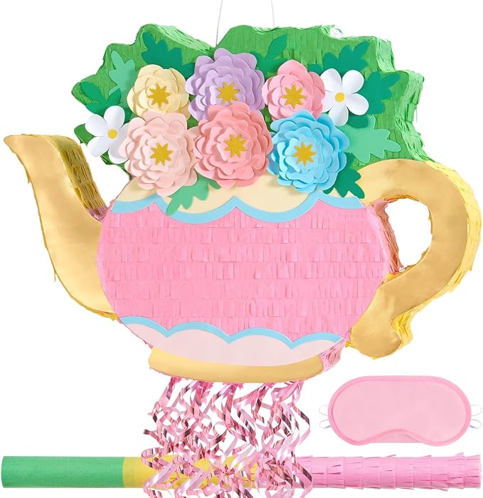 WERNNSAI Teapot Piñata - Tea Party Decoration Garden Flower Piñata for Afternoon Tea Party Decor Bridal Baby Shower Garden Party Supply Mother’s Birthday Favor with Blindfold Stick