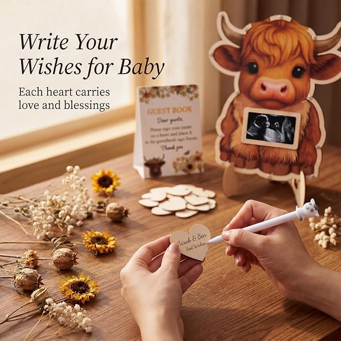 Highland Cow Baby Shower Decorations,Holy Cow Baby Shower Guest Book Alternatives with Pen,Photo Frame and 60 Heart Wood Slices for 60 Guests,Gender Reveal Decorations
