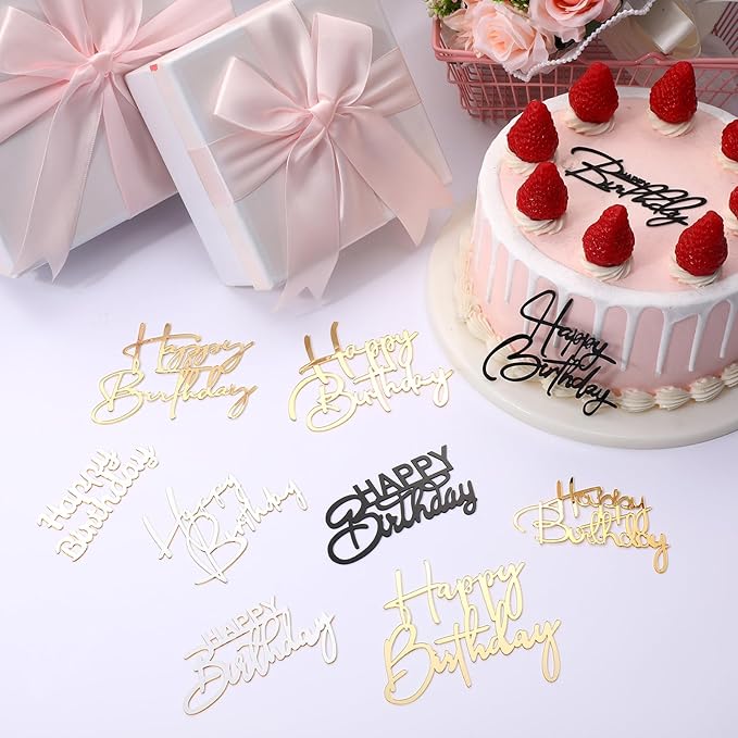 Barydat 50 Pcs Happy Birthday Cake Toppers Bulk Mirror Acrylic Cupcake Topper Cupcake Decorations Happy Birthday Sign for Cake Side Inserts Decor Party Supplies 10 Style (Mixed Colors)
